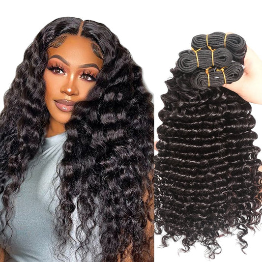 Wkm Hair Tissage en lot brésilien Deep Wave naturel 100%, mèches de cheveux humains, extension de cheveux, Lot de 1/3/4 paquets - Wkm Hair